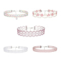 5 Pieces Sweet Pink Lace Choker Necklace Set For Women'S With Flower Pearl Dangle Clavicle Jewelry Accessories For Girls