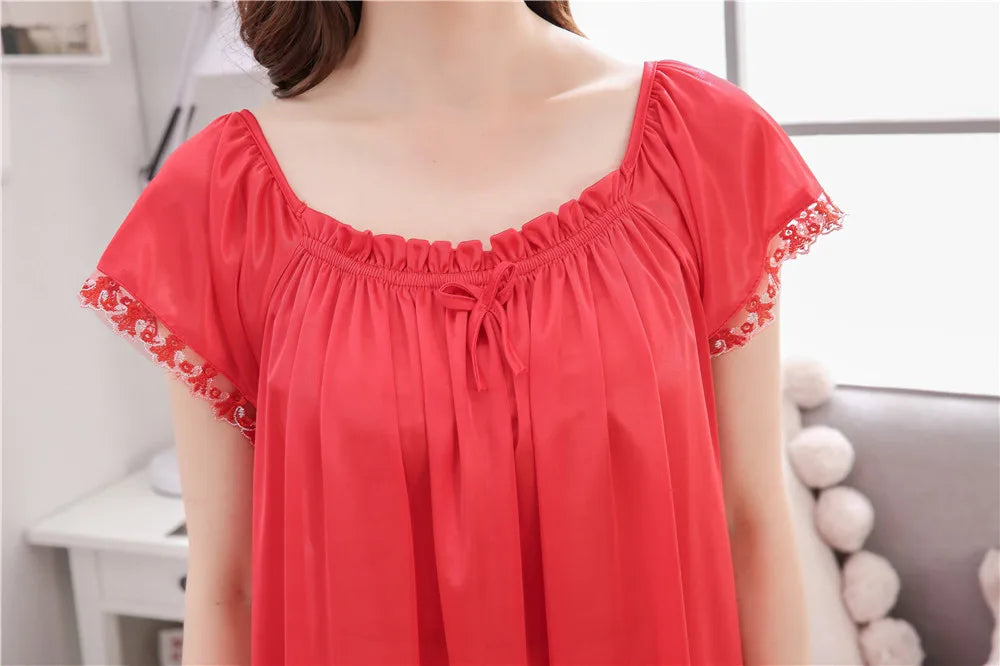 2026 New Women's Summer Imitation Silk Sleeping Skirt Multi Colored Short Sleeved Home Clothes Ice Silk Pajama Dress
