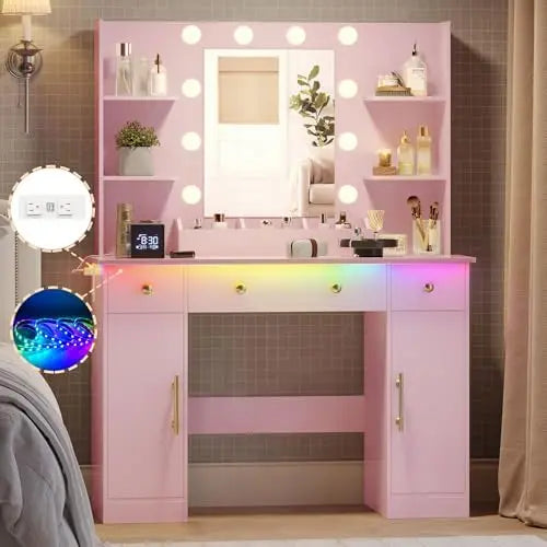 Makeup Vanity Desk with Mirror and Lights, 43" Pink Vanity Set with 3 Drawers, Power Outlet & Adjustable RGB LED