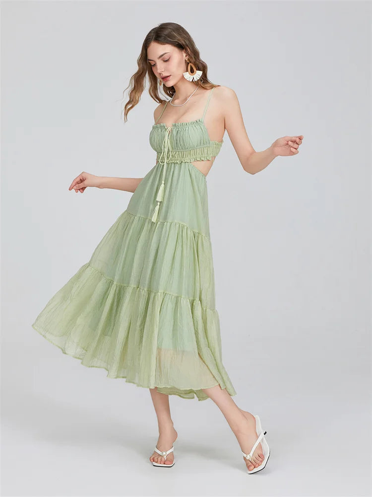 2024 Summer Women Flowy Long Dress Spaghetti Strap Cut Out Backless Ruffle A-line Dress Bohemian Party Holiday Casual Sundress