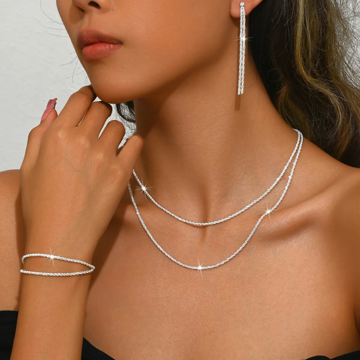 Set Of Shiny Silver Plated Collarbone Chain Necklace Bracelet Jewelry, Women'S'S Minimalist Starry Sky Accessories