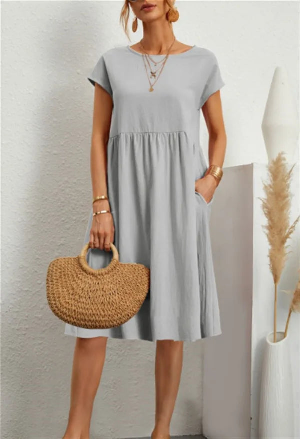 Customizable Fashion Solid Dress Women Cotton Linen O-Neck A-line Dress