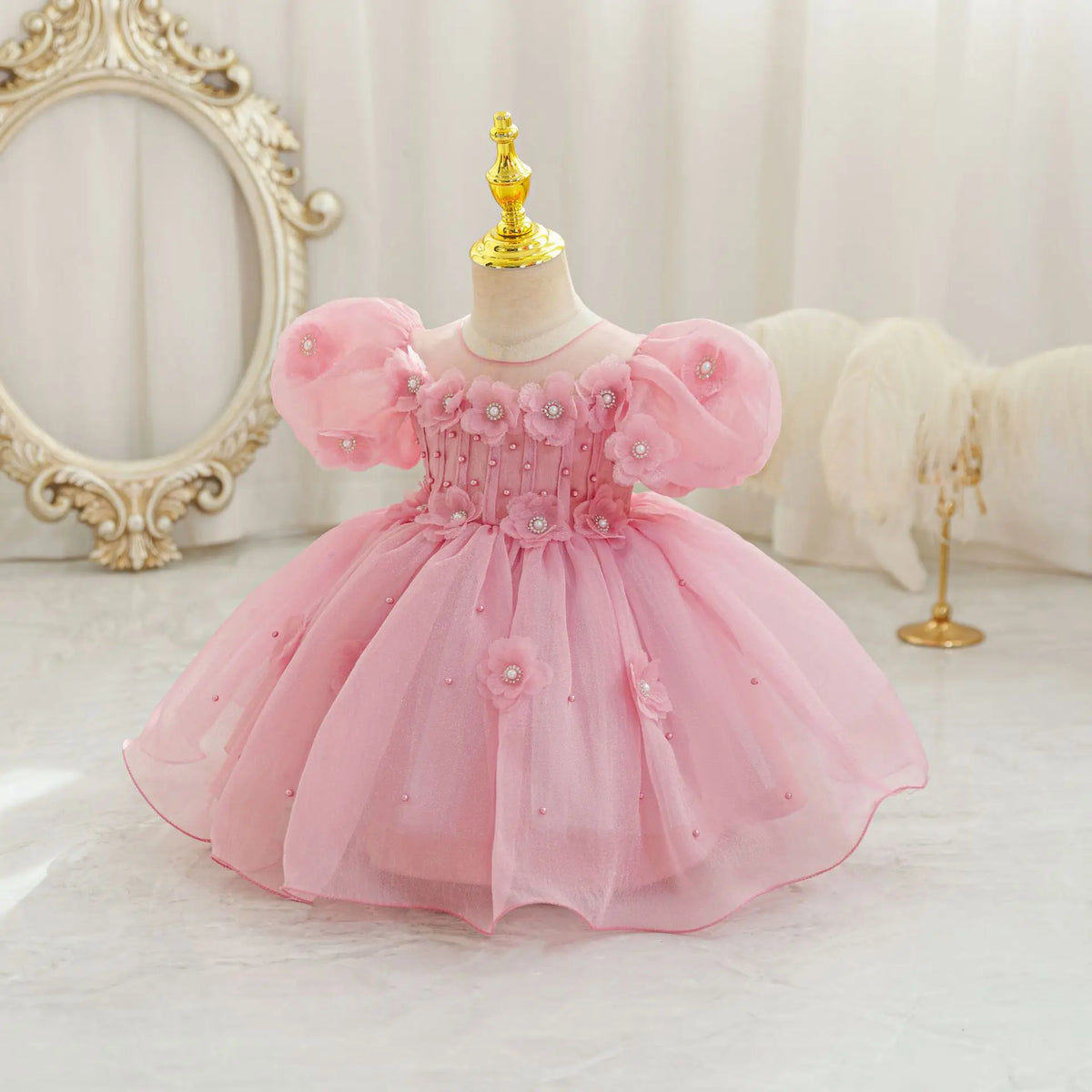 HETISO Summer Infant Baby Girl Dresses Flower Appliques Toddler Kids Birthday Party Princess Wedding Ball Gown