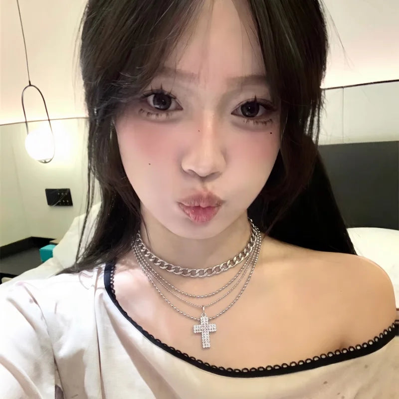 Y2K Rhinestone Cross Pendant Necklace Double Layered Silver Color Chain Choker Gothic Necklaces Party Jewelry Women Accessories