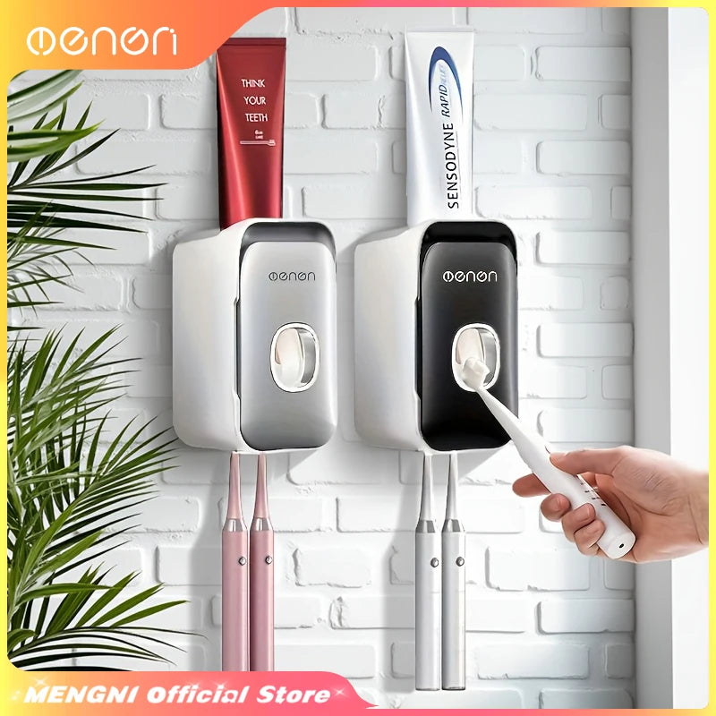 MENGNI Dispensador de pasta dental montado en la pared, exprimidor de pasta dental para baño sin perforaciones, soporte para cepillos de dientes, funcionamiento manual