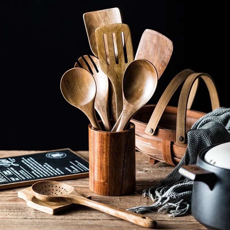 Cucharas de madera para cocinar de 9 piezas, utensilios de madera para cocinar con soporte para utensilios, juego de utensilios de cocina de madera de teca