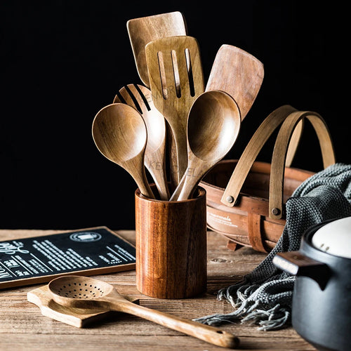 Cucharas de madera para cocinar de 9 piezas, utensilios de madera para cocinar con soporte para utensilios, juego de utensilios de cocina de madera de teca