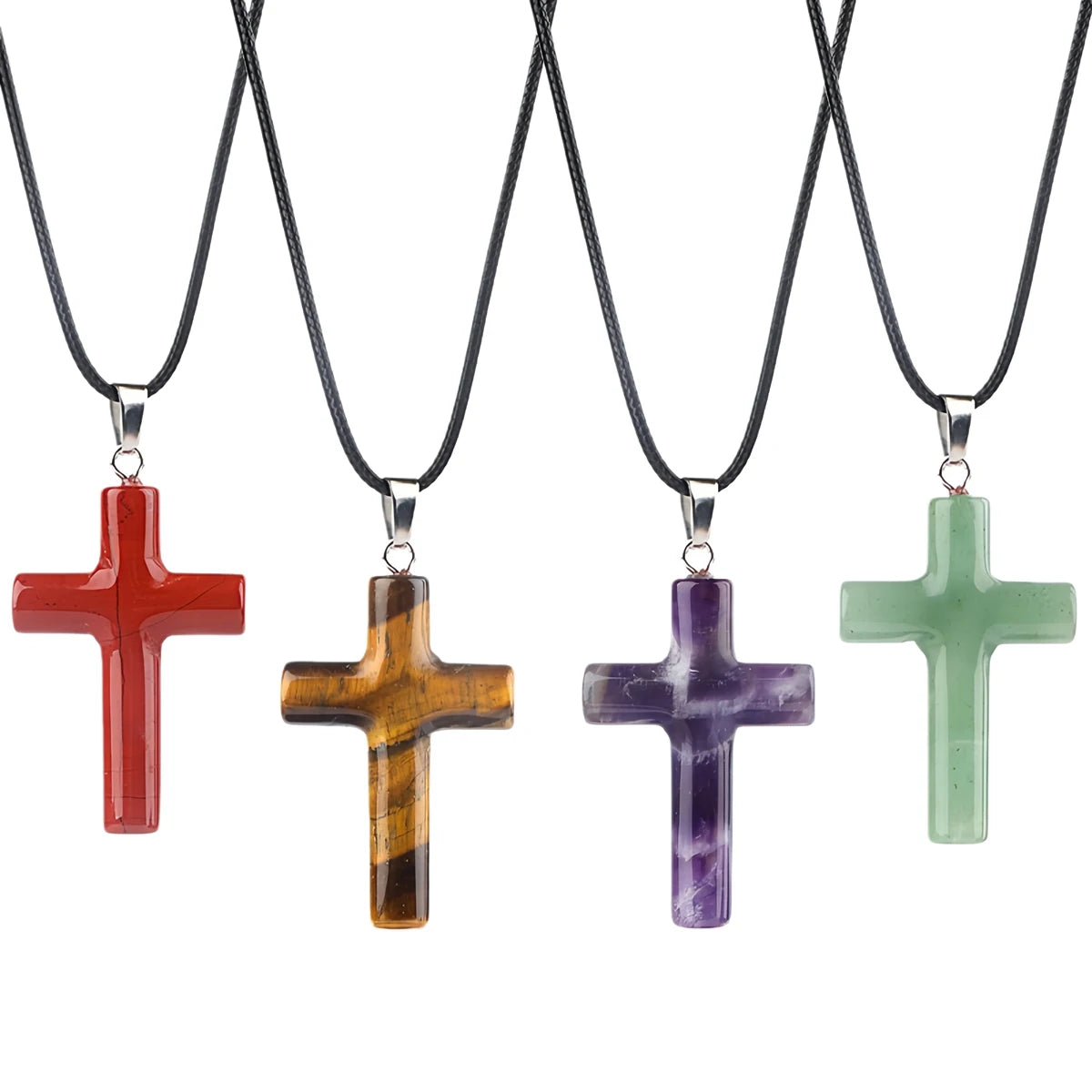 Handmade Craved Cross Gemstone Pendant Necklace for Women Men Healing Chakra 27x40MM Crystal Charms Choker Jewelry