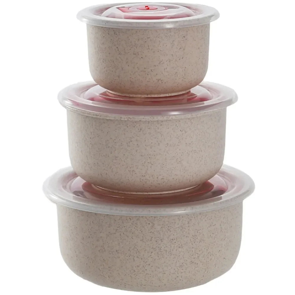 Fiambrera Bento de Paja de Trigo de 3 Piezas, Tazón de Ensalada Ecológico con Tapa, Apto para Microondas, Contenedor de Alimentos, Vajilla de Cocina