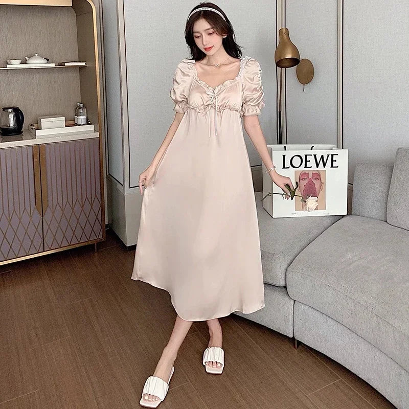 Satin Long Nightgown Women Sweet Lovely French Sleepwear Retro Silk Short Sleeve Sleepshirt Ladies Fashion Nightdress Home Dress