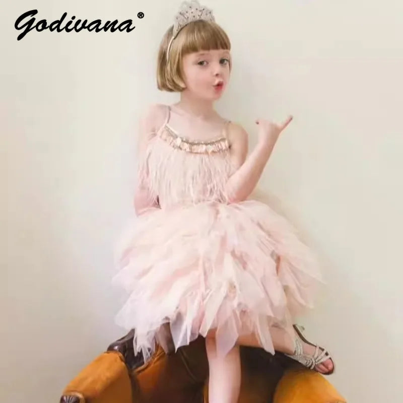 High-end Girls Tutu Dress 2026 New Summer Kids Sequin Flower Feather Slip Dresses Little Girls Princess Performance Dress