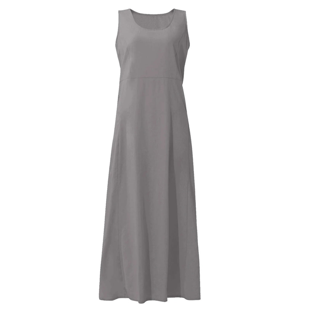 Women Cotton linen dress Fashion Simple beach dresses Solid Color Sleeveless Long skirt With pocket vestidos veranos moda 2024