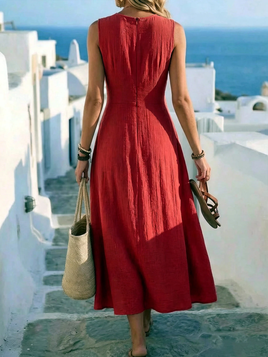 Women's Summer Fashion New Style Elegant Crossed Waistline Round Neck Sleeveless Solid Color Resort Style Maxi Dress