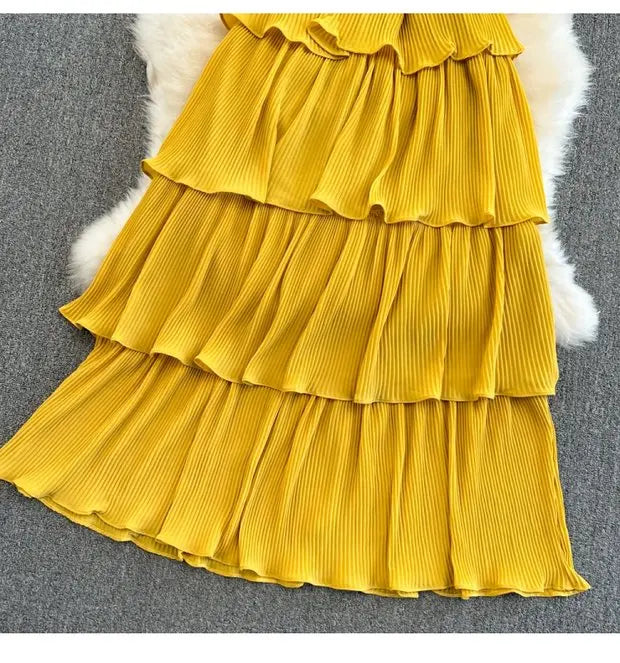 Beach Vaion Vintage Women's V-ne High-waist Cake Dr Ele Aosphere Maxi Skirt Loose Fit ort Sve Ci Commute