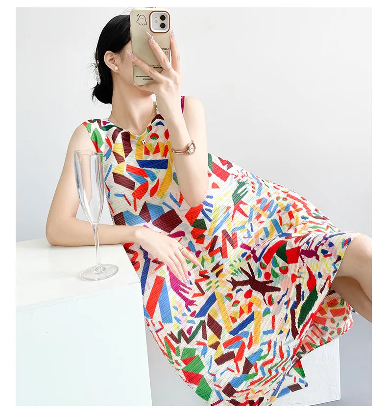 2026 Summer Retro Print Design Flared Dress Women Loose Fit Plus Size Fashion Elegant Sleeveless Dress Travel Vacation Wear