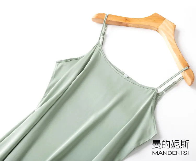 Tcyeek Women Silk Dress 93%Silk 7%Spandex Spaghetti Strap Mid Dresses 2024 Summer New Clothes Blue