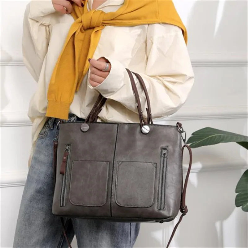 Retro Leather Handbag Shoulder Bag for Women with Double Pocket, Large Capacity, Vintage Lady's Tote Bag, Simple Crossbody Bags