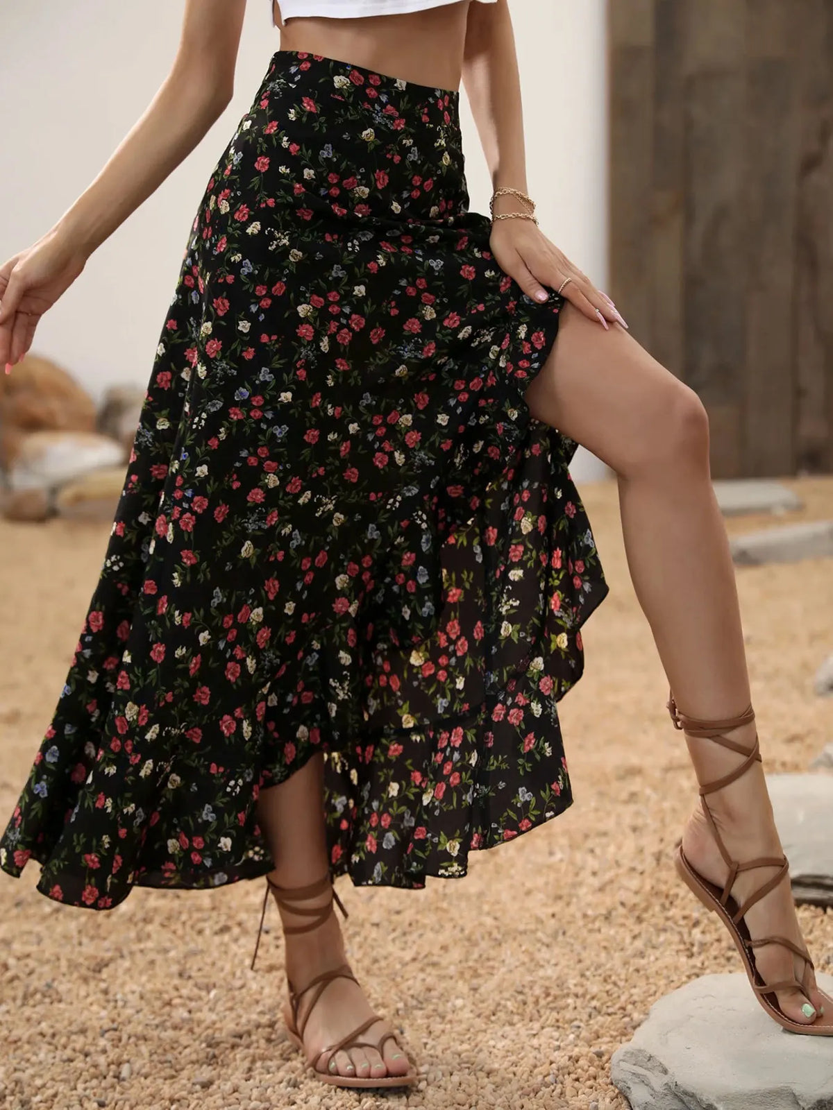 Ladies Floral High Waist Asymmetrical Hem Mid-Length Split Skirt Casual Holiday Fashion Spring Summer Polyester Fabric Elegan...