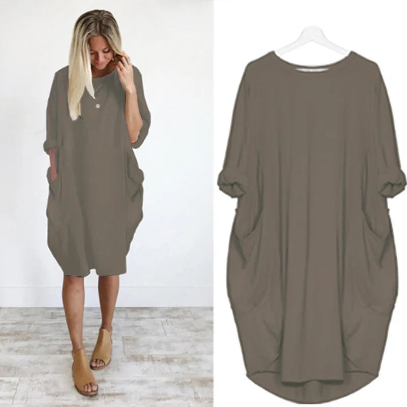 Women's Dress Oversize O-neck Loose Red Version Casual Street Pocket Fashion Black Solid Color Beach Vacation Skirt