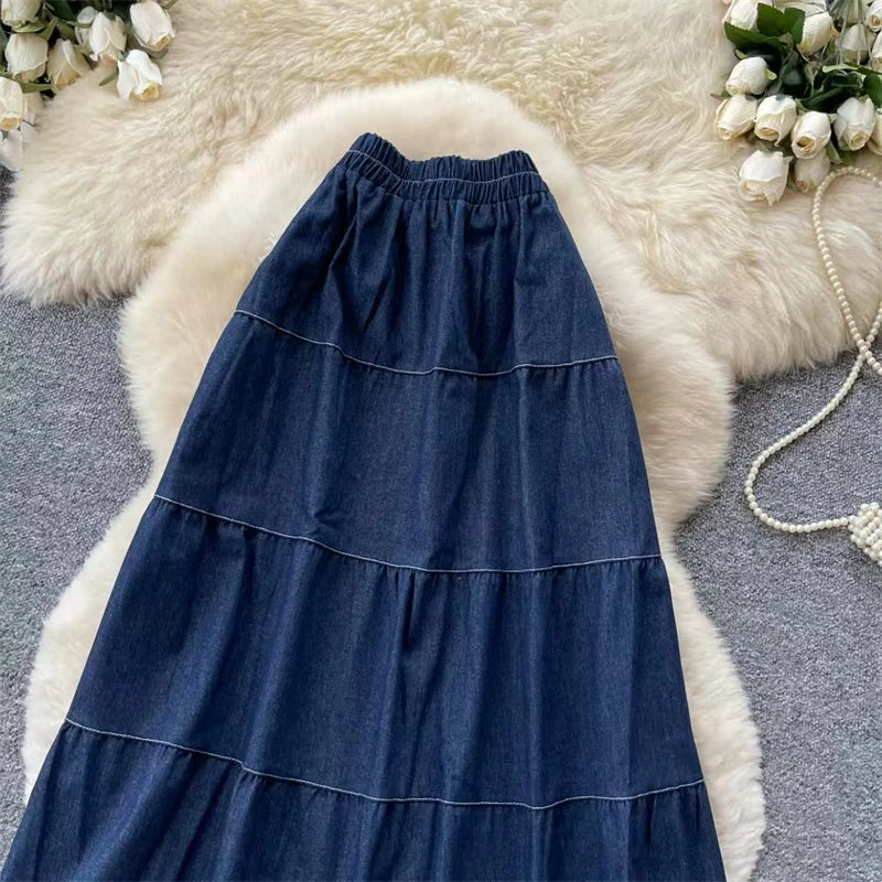 Karofi Vintage Cotton Layered Denim Skirt Women Elastic High Waist Bow Detail Flowy Long Casual A Line Long Midi Skirt