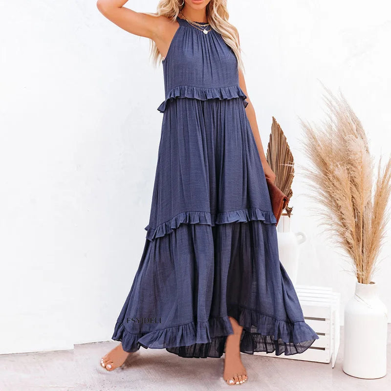 Women Halter Neck Maxi Dress Sleeveless Ruffle Tiered Loose Flowy Bohemian Beach Long Dress