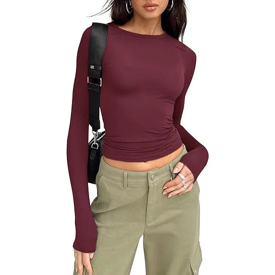 1pcs Woman Clothing Long Sleeve T-shirt Slim Fit Top Female O-Neck Knitted Sheath Tee Shirt Street Wear Sexy Sport Solid Tshirt