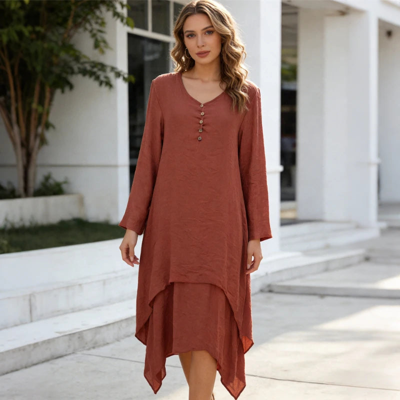 2026 Spring Women Oversize Long Dress Casual Long Sleeve V Neck Loose Plus Size Female Dress Elegant Vintage Holiday Beach Dress
