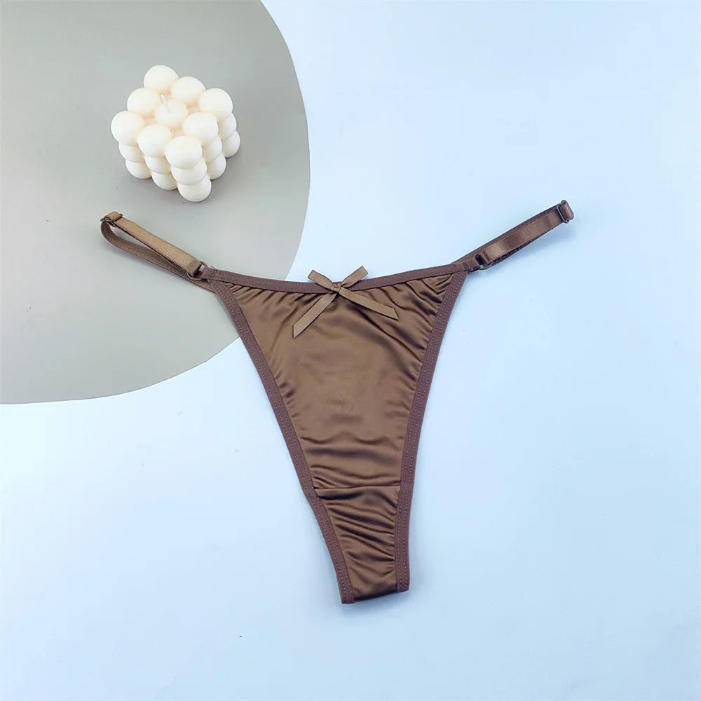 3PCS Adjustable Satin Thong Women Sexy G-string Underwear Low Waist T Back Peach Buttocks Tempting Sexy Bow Lingerie