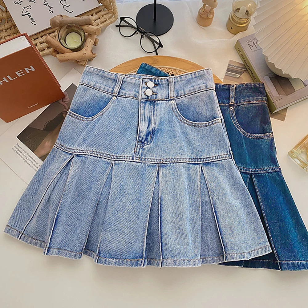 Women Pleated Denim Mini Skirt Summer High Waist Double Button Slim A-Line Skirts with Safety Shorts Y2K Style Party Wear Skirt