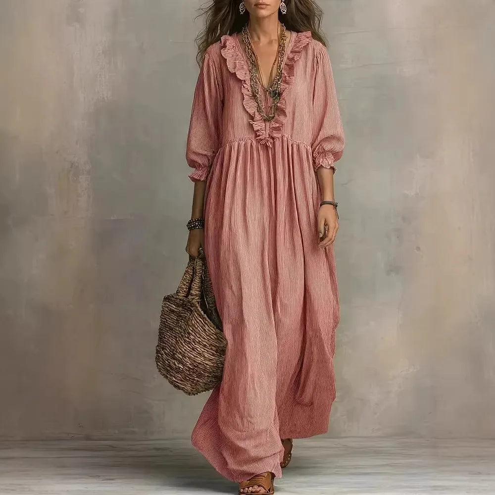 2026 New European and American Independent Website Striped Ruffled Loose High-Waisted V-Neck Fashion Casual Dress