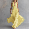Elegant V-Neck Sleeveless Waist-Cinched Long Dress Summer New Style Pure Color Holiday Vibes Cross-Border Polyester Maxi Dress