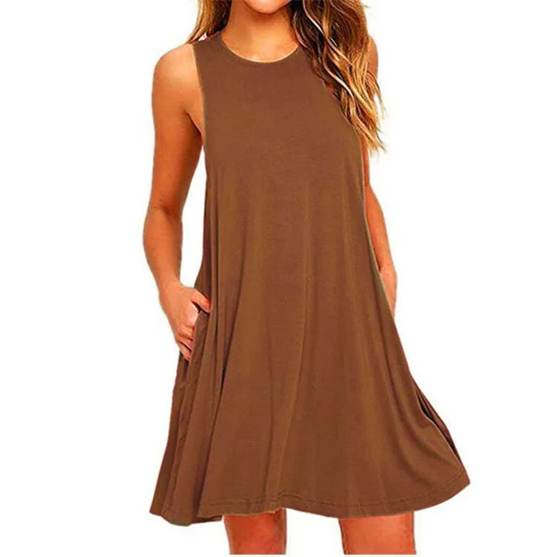 Women's Summer Casual Tank Dress with Pockets   Beach Cover-Up   Plus-Size Loose T-Shirt Dress