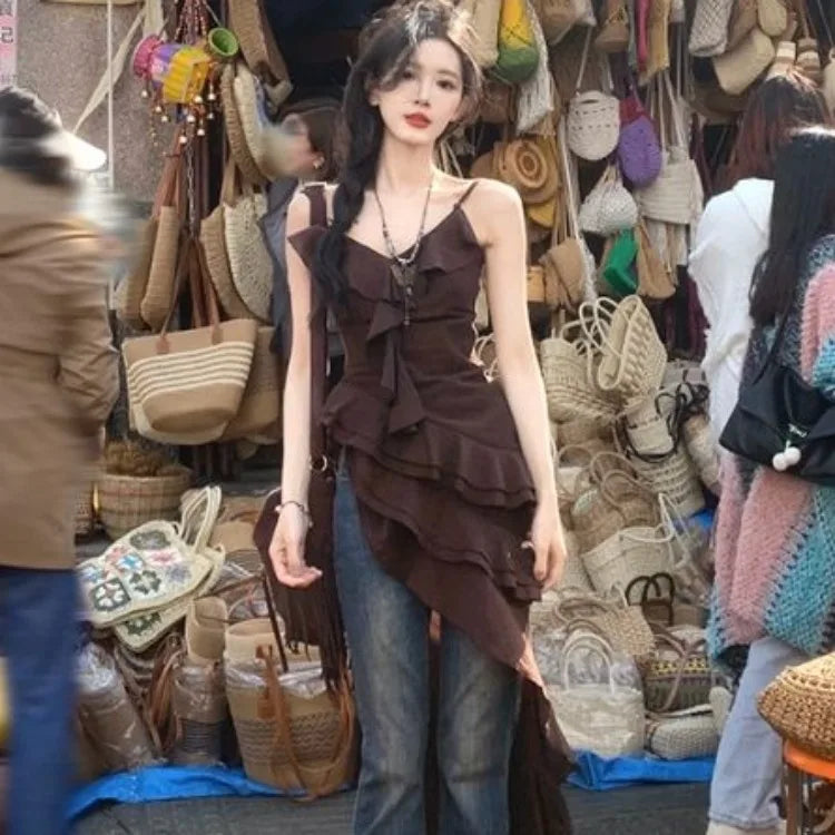 Elegant Vintage Ruffles Camisole Dress for Women Y2k Sexy Irregular Slim Waist Split Dresses 2026 Summer New Vestidos Mujer