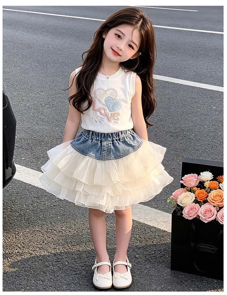 Girls' Summer Denim Short Skirt Patchwork Mesh Cake Style Children's Kids' New Fashion Skirt