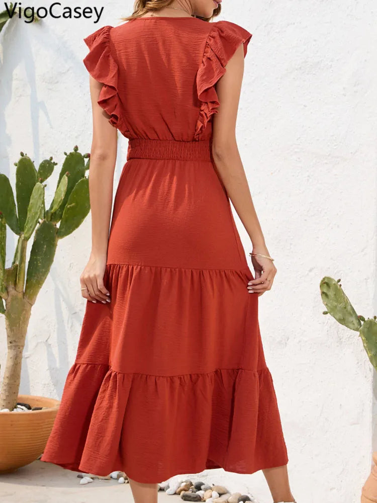 VigoCasey 2026 Summer Female Solid Long Dress Women Sexy Ruffle Sleeveless V Neck Long Dress Lady Casual High Waist Dresses