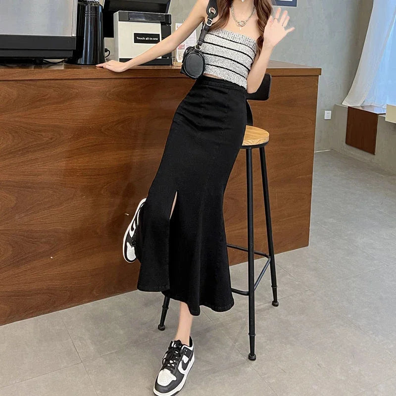 Woman Denim Skirt Sexy Jeans Skirts for Women Gyaru Blue Coquette with Slit Clothing Sales Vintage Korean Style Luxury Elegant V