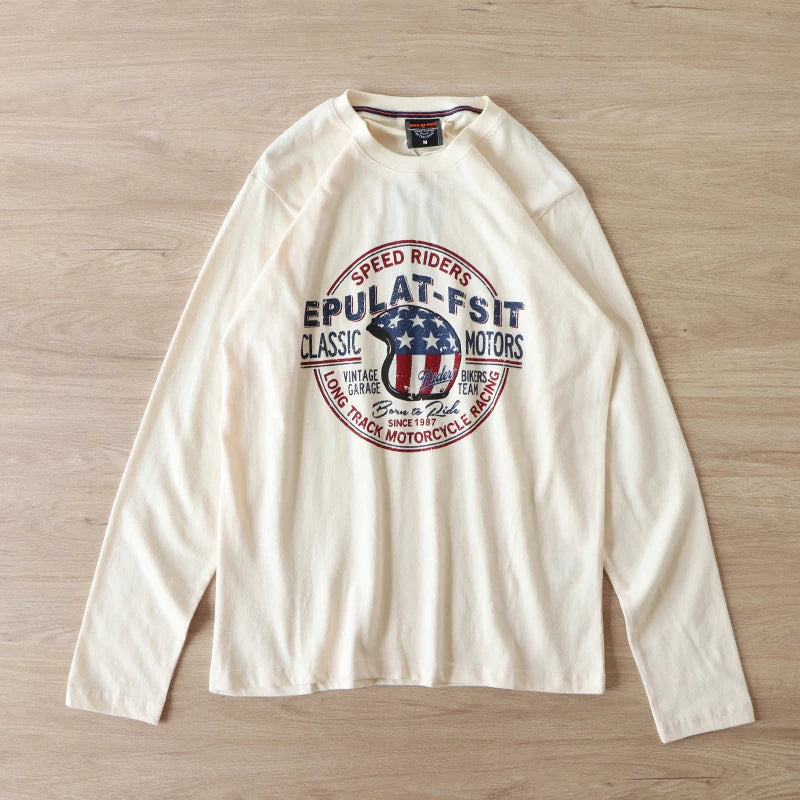 2025 Autumn New American Retro Long Sleeve O-Neck Letter Printed T-Shirt Men'S Fashion 100% Cotton Washed Casual Youth Tops