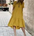 Casual round Neck Short Sleeve Midi Dress Women's Pure Color Crew Neck Gored Hem Cotton Overhead Dress mid Length Dress