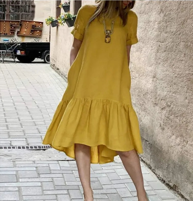 Casual round Neck Short Sleeve Midi Dress Women's Pure Color Crew Neck Gored Hem Cotton Overhead Dress mid Length Dress