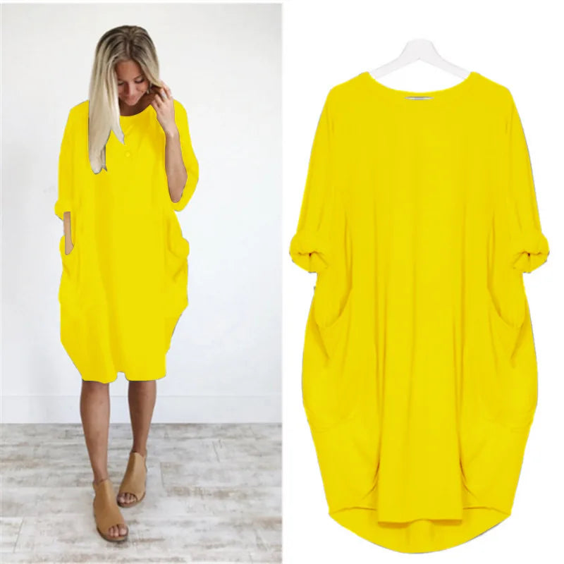 Women's Dress Oversize O-neck Loose Red Version Casual Street Pocket Fashion Black Solid Color Beach Vacation Skirt