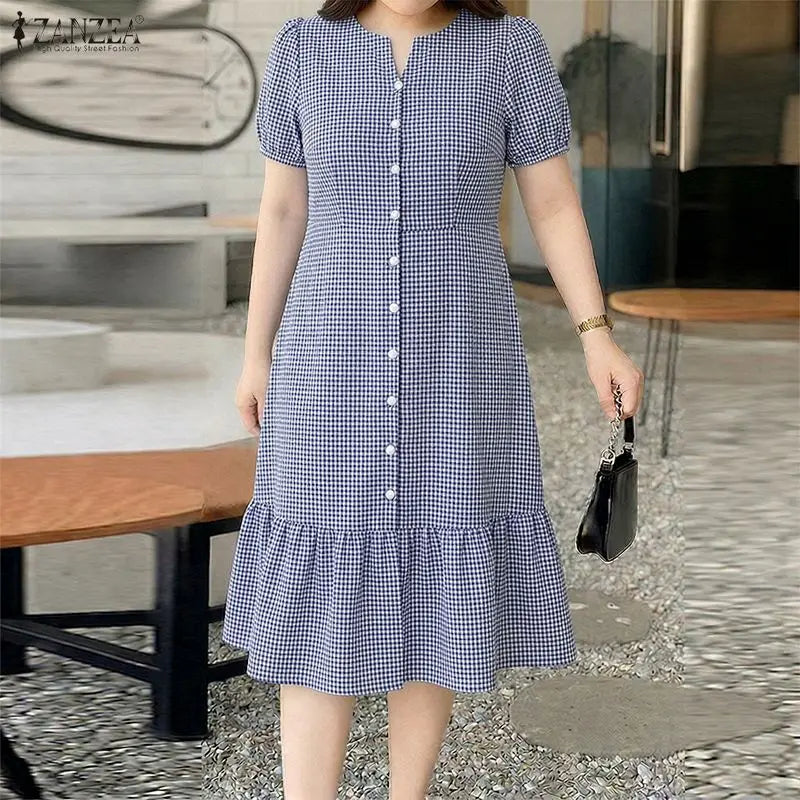 ZANZEA 2026 Summer Sundress Women Elegant OL Work Dress Plaid Checked Short Sleeve A Line Vestidos Robe Stylish Holiday Dresses
