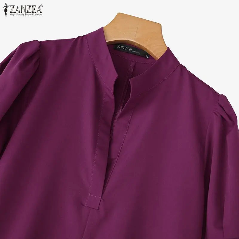 Women Casual A-Line Midi Dress Stand Collar Half Puff Sleeves Solid Color Loose Dresses ZANZEA Minimalist Daily Wear Vestidos