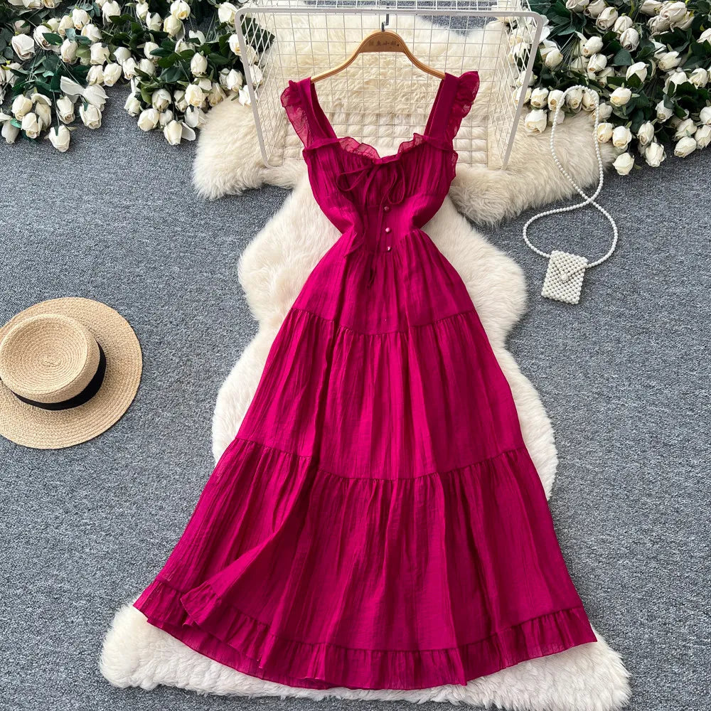 Summer French Sweet Camisole Ruffle Edge Dress for Women New Style with Straps Waist Cinching Vacation Style Dress C579