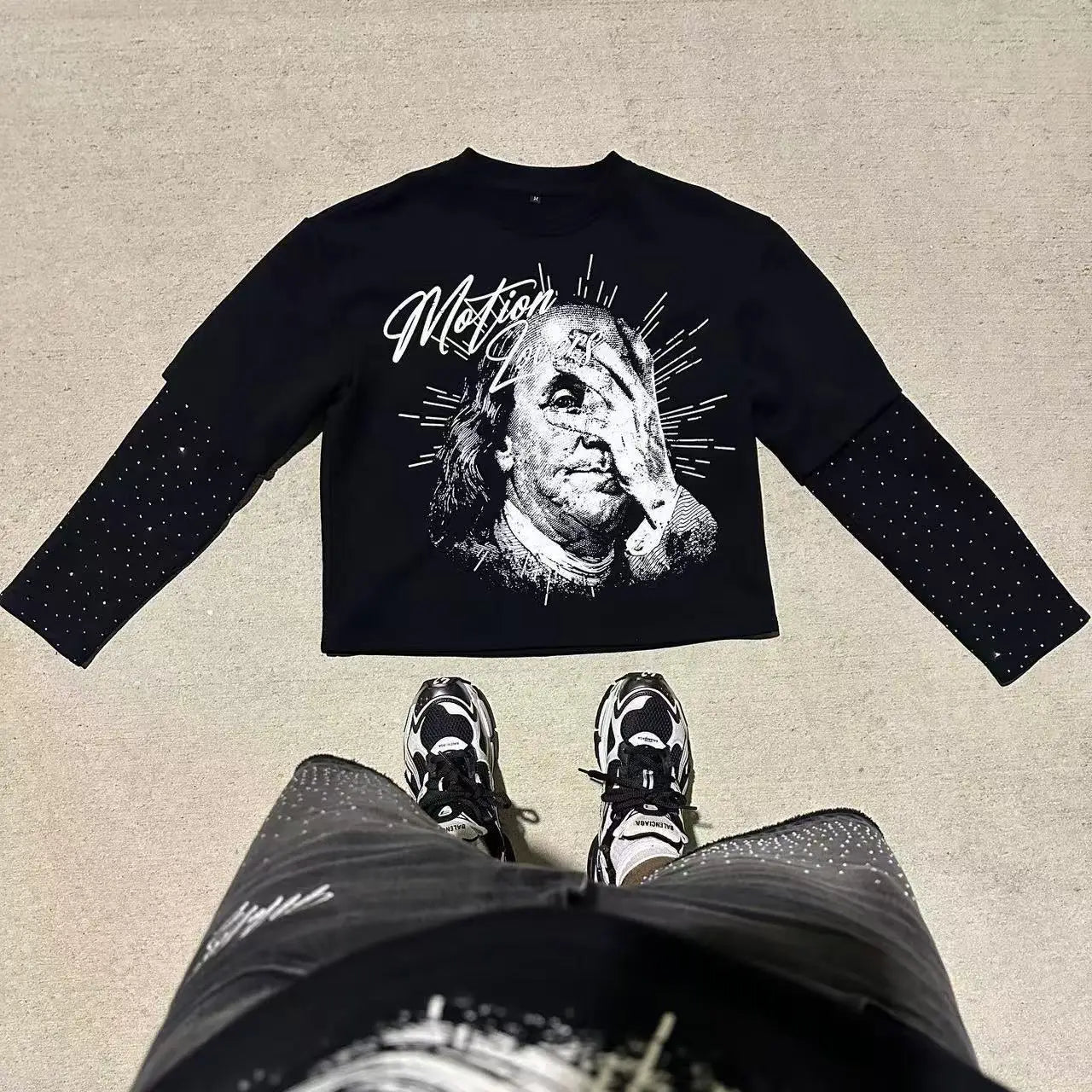Gothic Fake Two Piece Long Sleeve Red Eye Pattern Spliced T Shirt Autumn Popular Select Dark Punk Fashion Cotton Tops