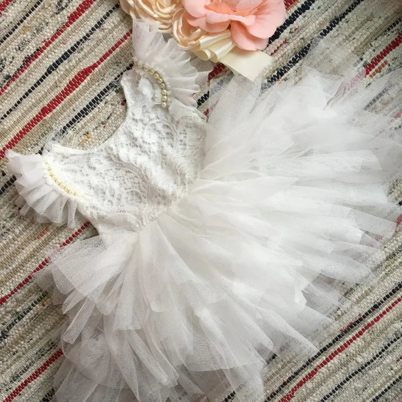 Flower Girl Lace Tulle Dress Elegant Princess Weddings Birthday Party Costumes for 3m To 7y Girls Baptism Festival Ball Gown
