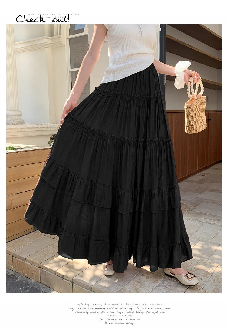 White Tiered Ruffle Hem Skirt 2025 - High Waist Flowy A-Line Maxi Skirt, Summer Chiffon Layered Skirt with Pleats