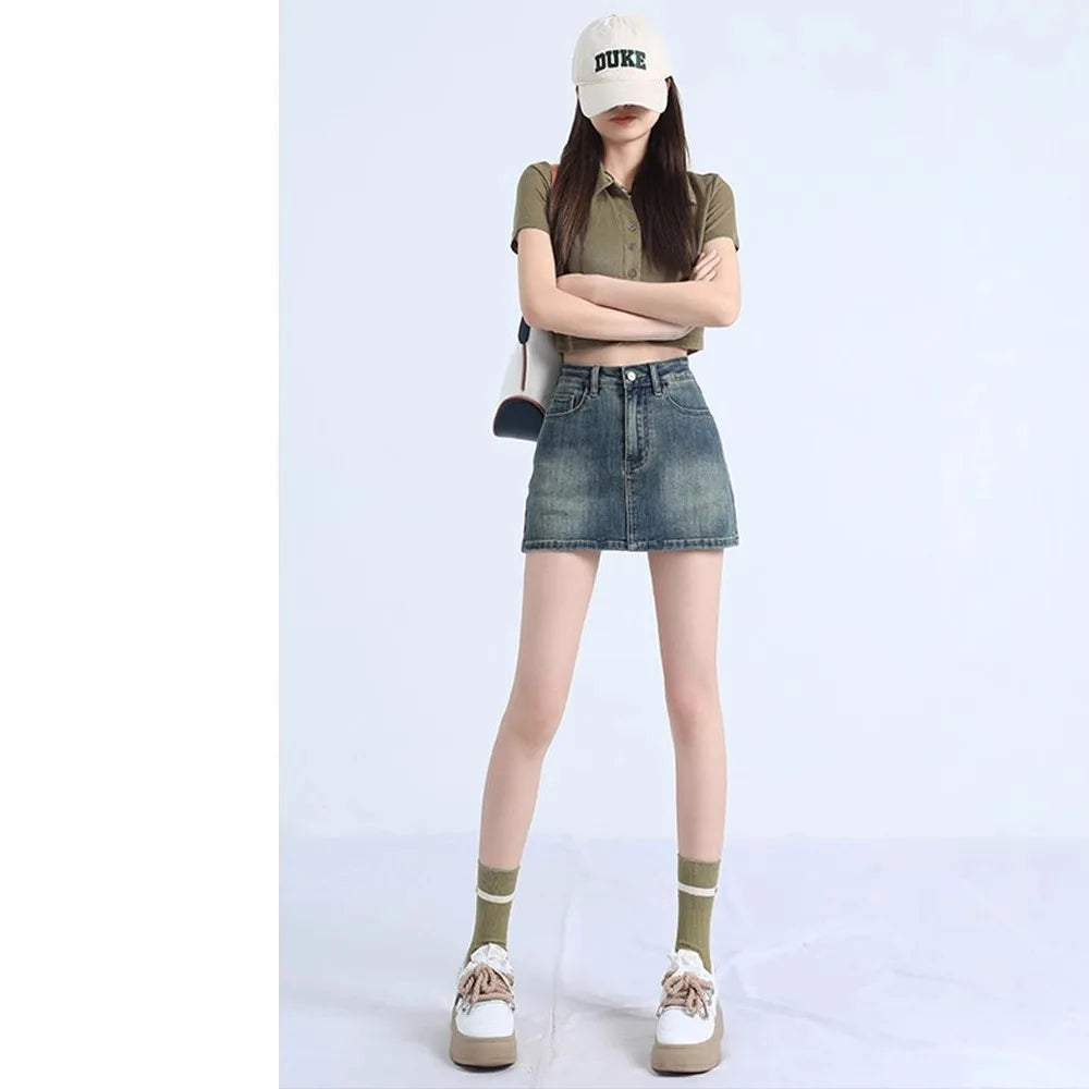 High Waist A-Line Mini Skirt Retro Spicy Girl Denim Women's Summer Slimming Anti-Light Half-length Skirt Street Style Trendy