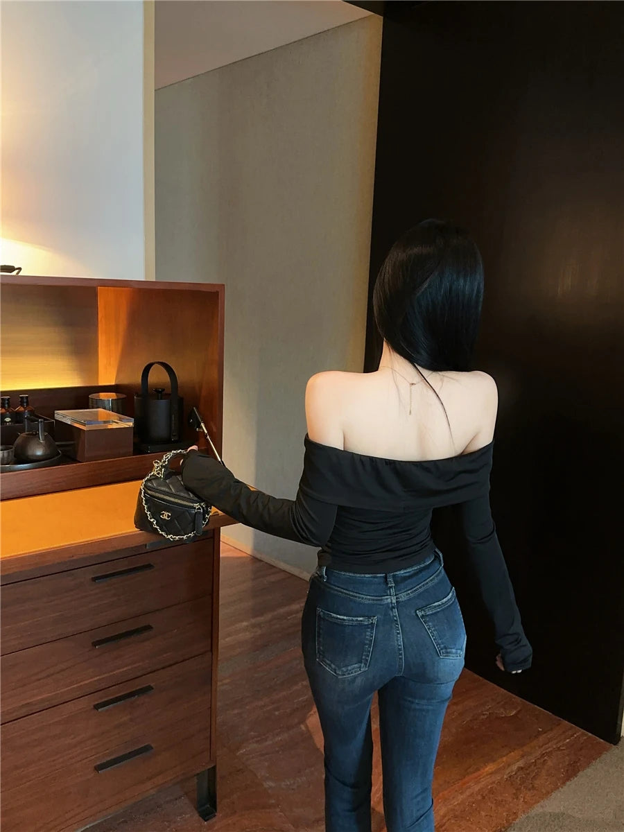 Sexy Hollow out Metal Long Sleeve T-Shirt Slim Fit Beautiful Design Shoulder Bared Autumn Fashion for Young Women Hollow out ...