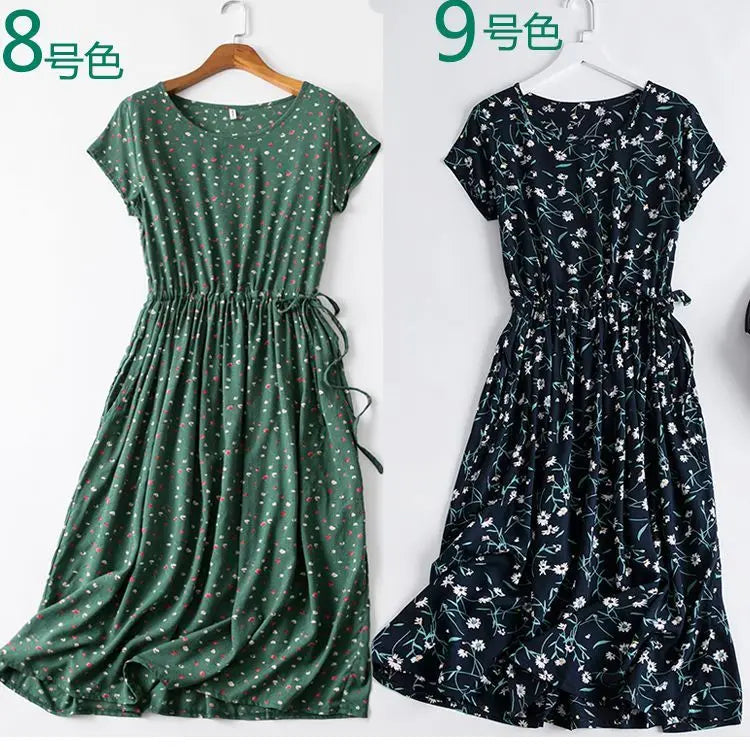 Cotton Silk Dress Women's Short Sleeved 2026 Summer New Ladies Slim Round Neck Temperament Beach Print Dresses