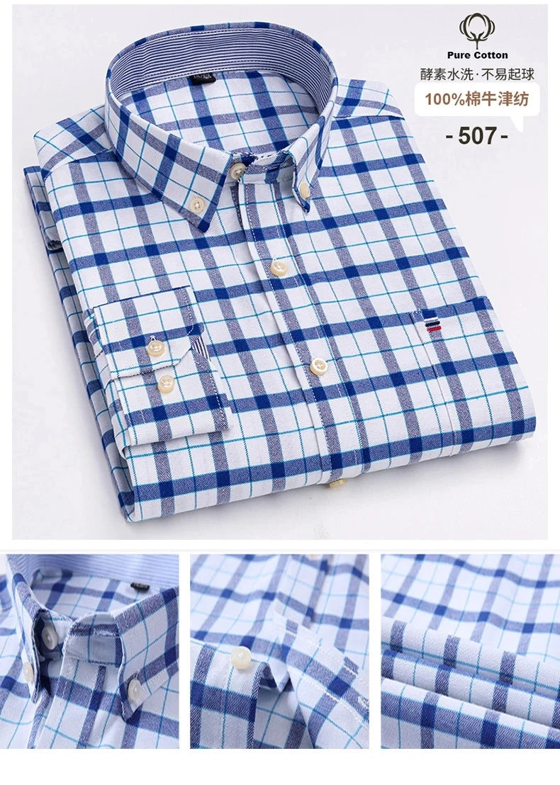 New 100% Cotton Oxford Men Shirts Long Sleeves Plaid Soft Regular Fit Formal Dress Shirt Pocket Social Blouse Male Clothes S-7XL